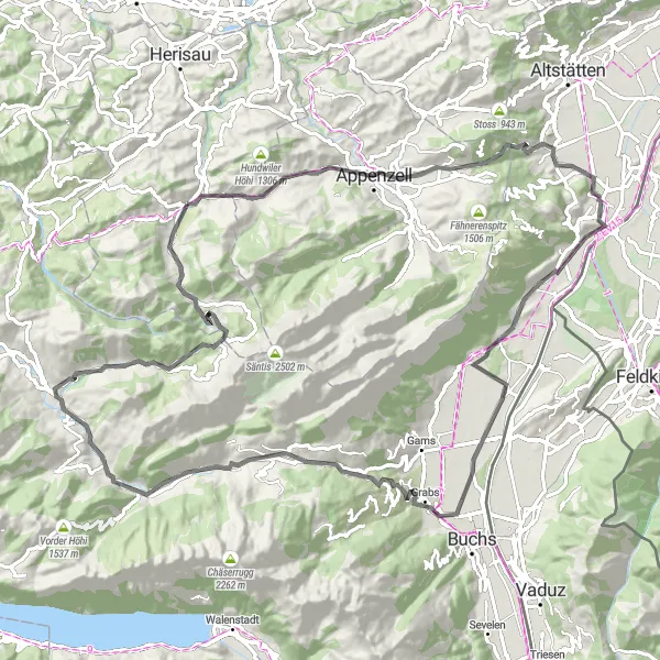 Miniatura della mappa di ispirazione al ciclismo "Avventura ciclistica intorno a Wildhaus" nella regione di Ostschweiz, Switzerland. Generata da Tarmacs.app, pianificatore di rotte ciclistiche