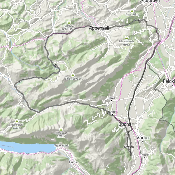 Karttaminiaatyyri "Alppien ympäriajoreitti" pyöräilyinspiraatiosta alueella Ostschweiz, Switzerland. Luotu Tarmacs.app pyöräilyreittisuunnittelijalla