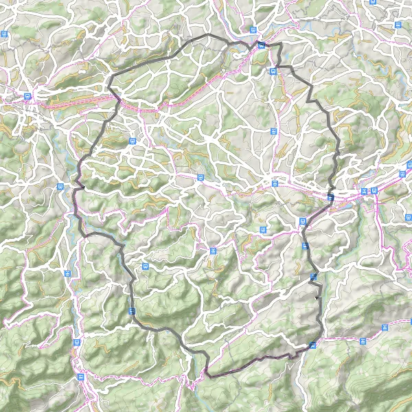 Miniature de la carte de l'inspiration cycliste "Escapade à travers les Collines de l'Est" dans la Ostschweiz, Switzerland. Générée par le planificateur d'itinéraire cycliste Tarmacs.app