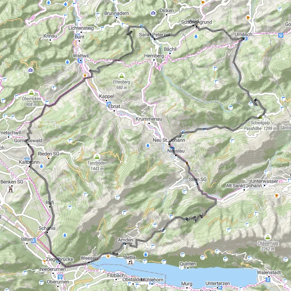 Map miniature of "Nesslau and Beyond" cycling inspiration in Ostschweiz, Switzerland. Generated by Tarmacs.app cycling route planner