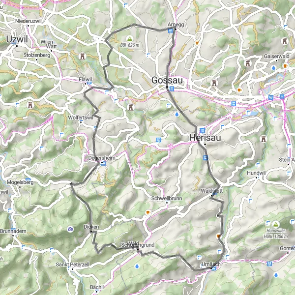 Miniatua del mapa de inspiración ciclista "Ruta de ciclismo de carretera Urnäsch - Gossau - Urnäsch" en Ostschweiz, Switzerland. Generado por Tarmacs.app planificador de rutas ciclistas