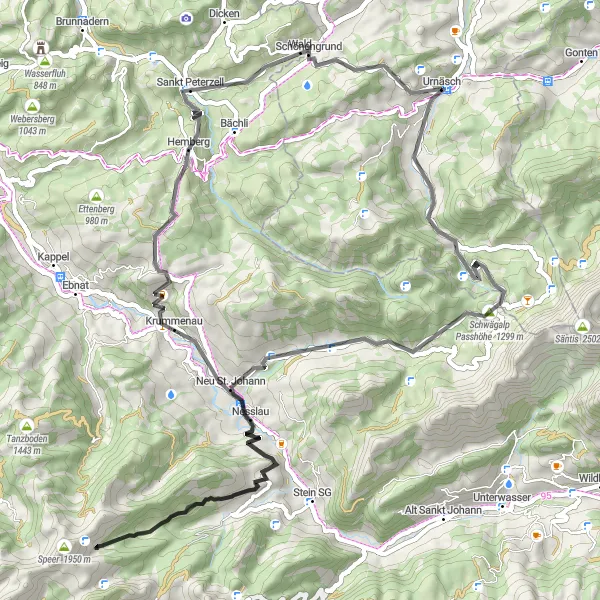 Kartminiatyr av "Alpine Eventyr Sykkeltur" sykkelinspirasjon i Ostschweiz, Switzerland. Generert av Tarmacs.app sykkelrutoplanlegger