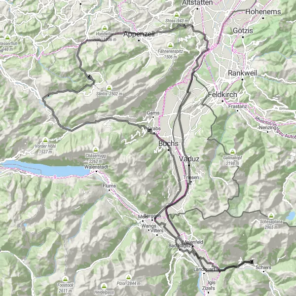 Miniature de la carte de l'inspiration cycliste "Route des Châteaux et des Montagnes" dans la Ostschweiz, Switzerland. Générée par le planificateur d'itinéraire cycliste Tarmacs.app