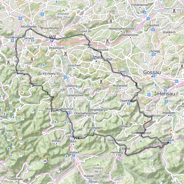 Map miniature of "Urnäsch-Münchwilen Loop, Road Cycling" cycling inspiration in Ostschweiz, Switzerland. Generated by Tarmacs.app cycling route planner
