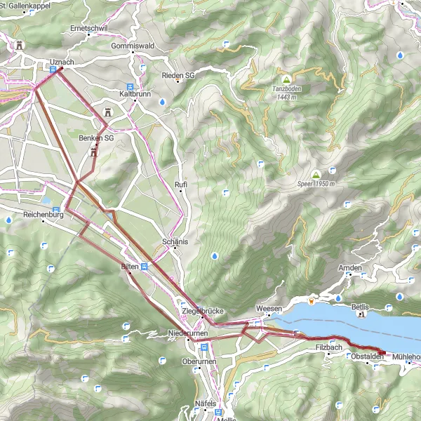 Miniatura della mappa di ispirazione al ciclismo "Itinerario in bicicletta da Uznach a Weesen passando per il Walensee" nella regione di Ostschweiz, Switzerland. Generata da Tarmacs.app, pianificatore di rotte ciclistiche