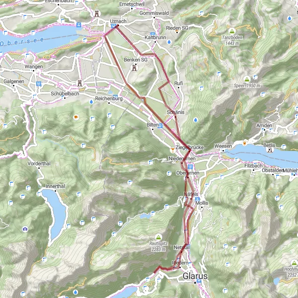 Map miniature of "Uznach Gravel Route" cycling inspiration in Ostschweiz, Switzerland. Generated by Tarmacs.app cycling route planner