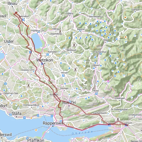 Miniatua del mapa de inspiración ciclista "Ruta de ciclismo de gravel alrededor de Uznach" en Ostschweiz, Switzerland. Generado por Tarmacs.app planificador de rutas ciclistas
