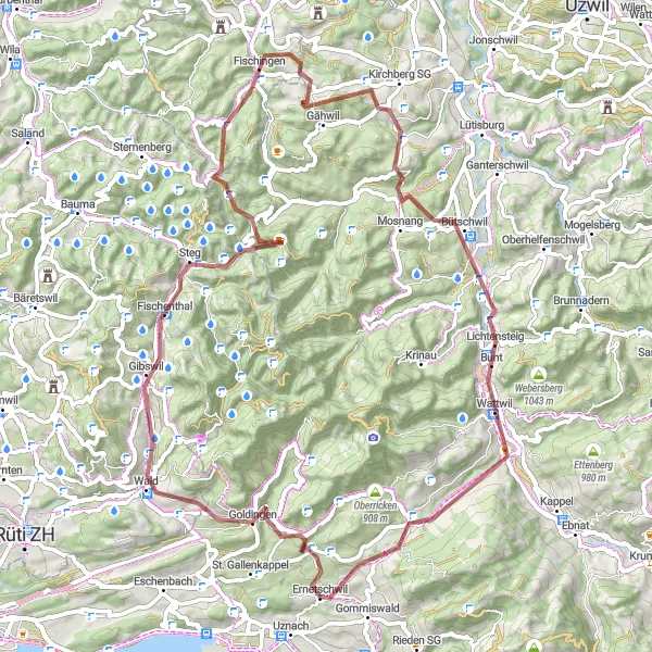 Map miniature of "Adventure through Goldingen and Bütschwil" cycling inspiration in Ostschweiz, Switzerland. Generated by Tarmacs.app cycling route planner