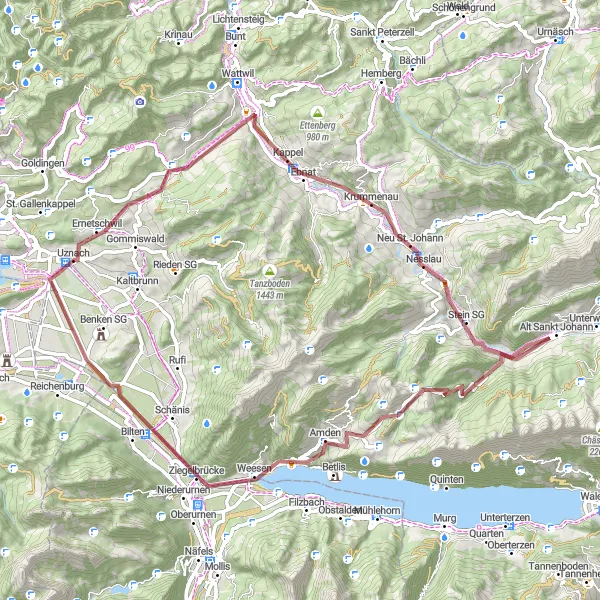 Karttaminiaatyyri "Järvi-Sveitsin kiertävä seikkailu" pyöräilyinspiraatiosta alueella Ostschweiz, Switzerland. Luotu Tarmacs.app pyöräilyreittisuunnittelijalla