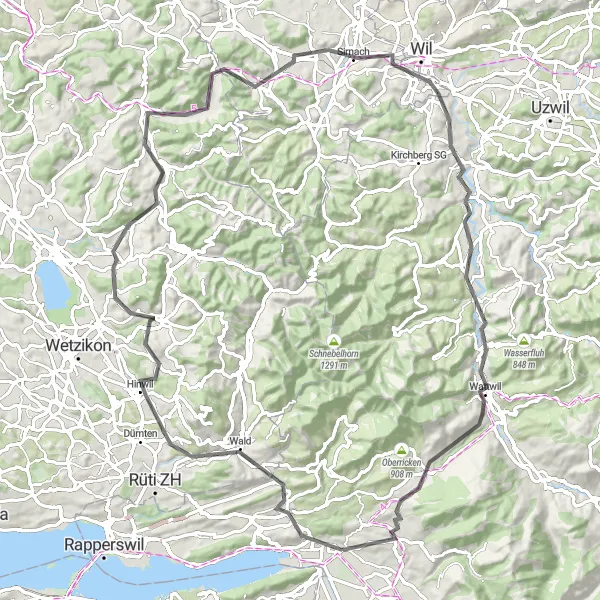 Mapa miniatúra "Cestný okruh cez Hittnau a Lichtensteig" cyklistická inšpirácia v Ostschweiz, Switzerland. Vygenerované cyklistickým plánovačom trás Tarmacs.app