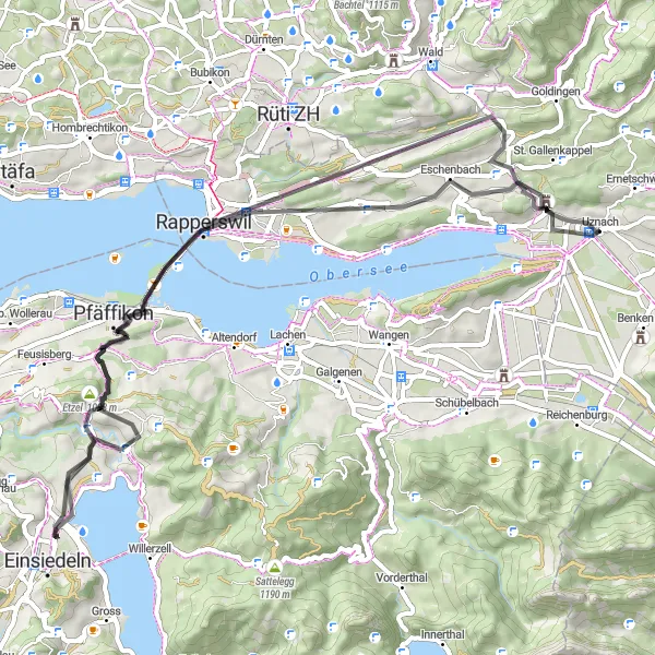 Miniatura della mappa di ispirazione al ciclismo "Giro in bicicletta da Uznach attraverso Neuhaus ed Einsiedeln" nella regione di Ostschweiz, Switzerland. Generata da Tarmacs.app, pianificatore di rotte ciclistiche