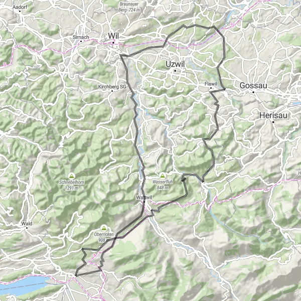 Miniatura della mappa di ispirazione al ciclismo "Viaggio in bicicletta sulle colline da Uznach a Uetliburg" nella regione di Ostschweiz, Switzerland. Generata da Tarmacs.app, pianificatore di rotte ciclistiche