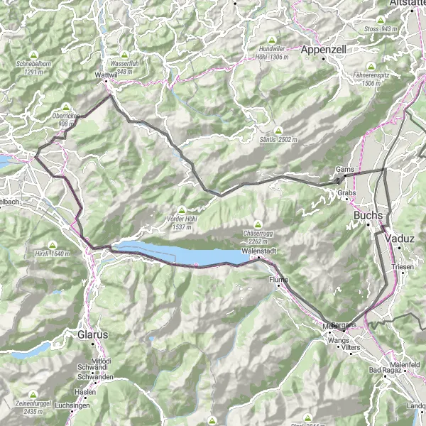 Zemljevid v pomanjšavi "Cestna pustolovščina skozi vzhodno Švico" kolesarske inspiracije v Ostschweiz, Switzerland. Generirano z načrtovalcem kolesarskih poti Tarmacs.app