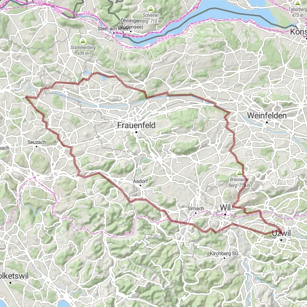 Miniature de la carte de l'inspiration cycliste "Aventure Gravel du Thurgovie" dans la Ostschweiz, Switzerland. Générée par le planificateur d'itinéraire cycliste Tarmacs.app