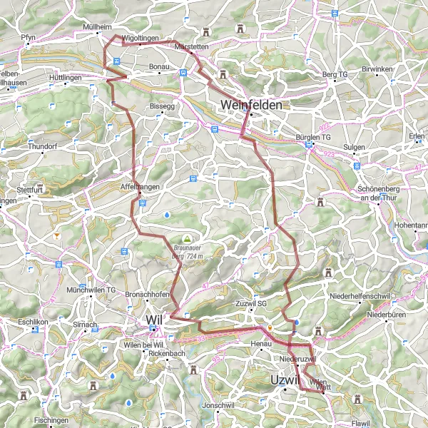 Miniature de la carte de l'inspiration cycliste "Circuit de Gravel à travers Zuzwil et Weinfelden" dans la Ostschweiz, Switzerland. Générée par le planificateur d'itinéraire cycliste Tarmacs.app