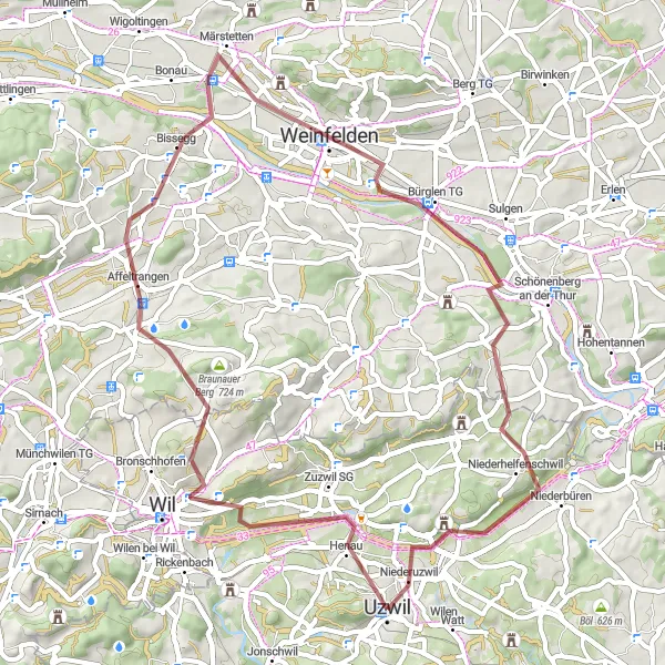 Mapa miniatúra "Gravel okolo Uzwil" cyklistická inšpirácia v Ostschweiz, Switzerland. Vygenerované cyklistickým plánovačom trás Tarmacs.app