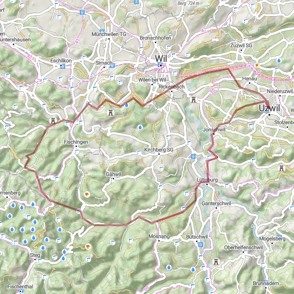 Miniature de la carte de l'inspiration cycliste "Circuit de Gravel à travers Vogelsberg et Wilen bei Wil" dans la Ostschweiz, Switzerland. Générée par le planificateur d'itinéraire cycliste Tarmacs.app