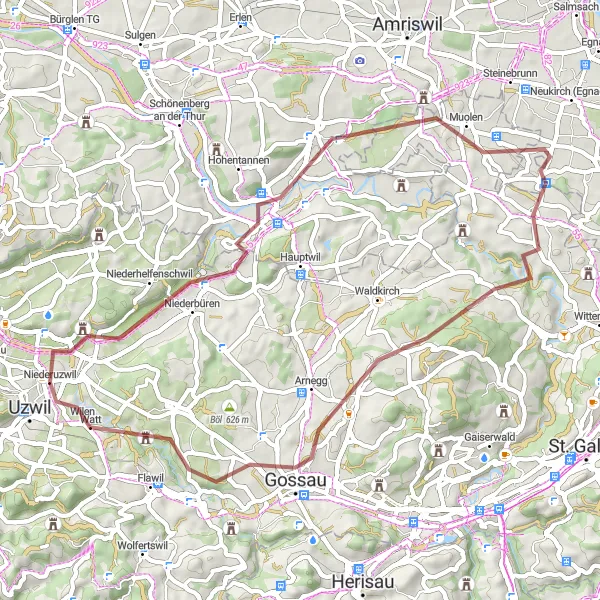 Mapa miniatúra "Gravelová cyklotúra cez Andwil SG a Niederuzwil" cyklistická inšpirácia v Ostschweiz, Switzerland. Vygenerované cyklistickým plánovačom trás Tarmacs.app