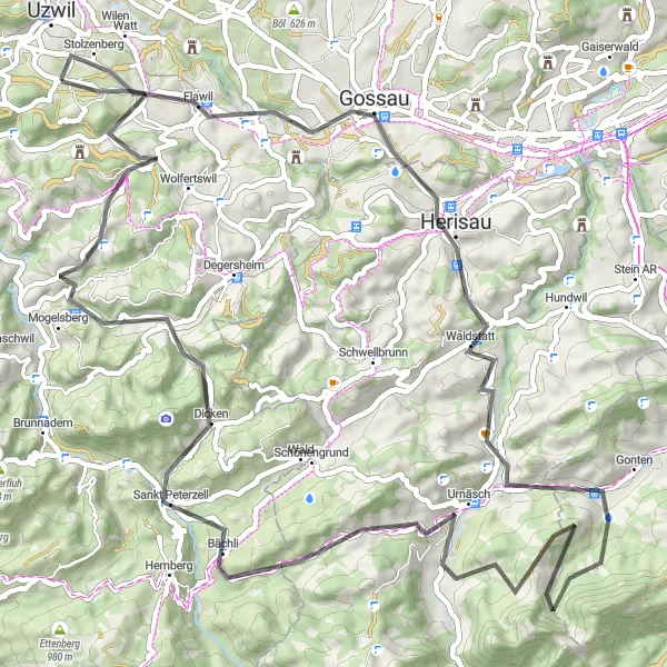 Mapa miniatúra "Road Cycling Paradise from Herisau to Bichwil" cyklistická inšpirácia v Ostschweiz, Switzerland. Vygenerované cyklistickým plánovačom trás Tarmacs.app