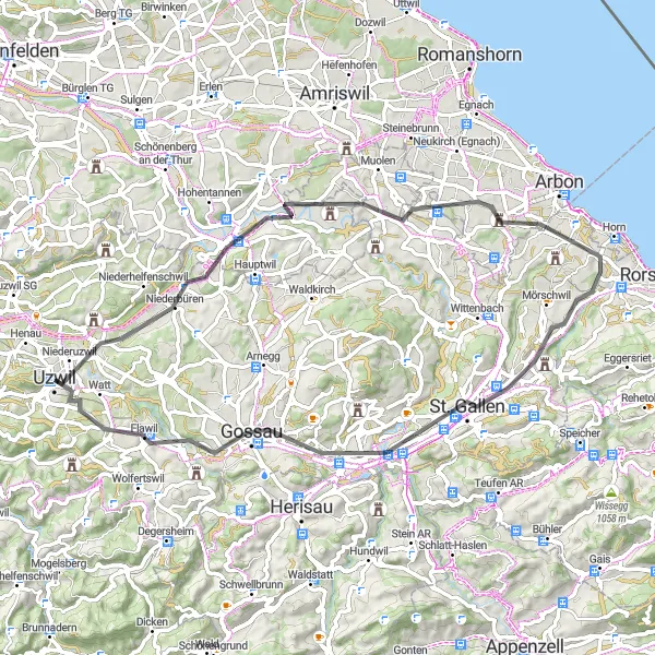 Kartminiatyr av "Kort och varierad cykeltur i Ostschweiz" cykelinspiration i Ostschweiz, Switzerland. Genererad av Tarmacs.app cykelruttplanerare