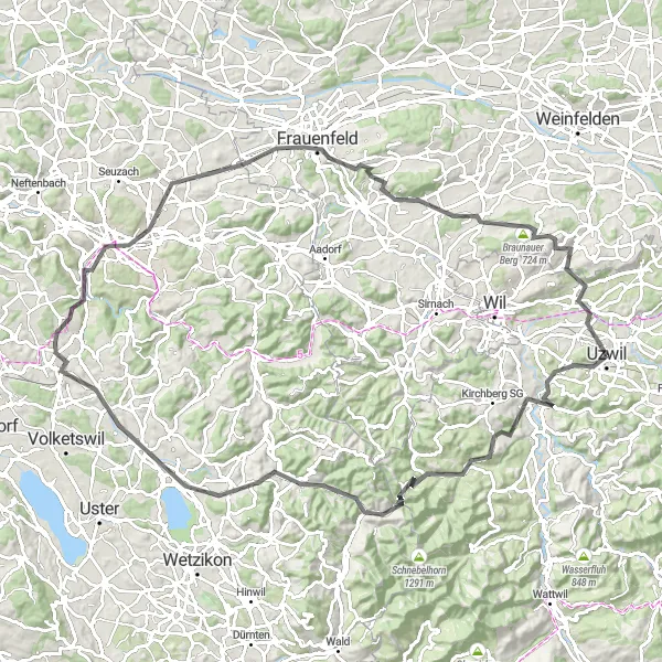 Map miniature of "Scenic Road Cycling Route to Winterthur" cycling inspiration in Ostschweiz, Switzerland. Generated by Tarmacs.app cycling route planner