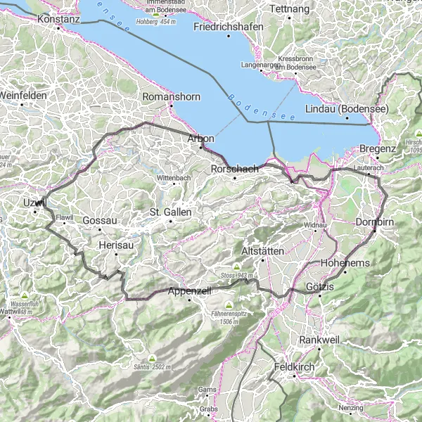 Mapa miniatúra "Cyklotúra cez Appenzell a Rorschach" cyklistická inšpirácia v Ostschweiz, Switzerland. Vygenerované cyklistickým plánovačom trás Tarmacs.app