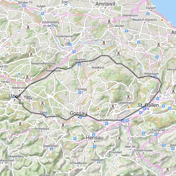 Zemljevid v pomanjšavi "Uzwil - St. Gallen Road Cycling Adventure" kolesarske inspiracije v Ostschweiz, Switzerland. Generirano z načrtovalcem kolesarskih poti Tarmacs.app