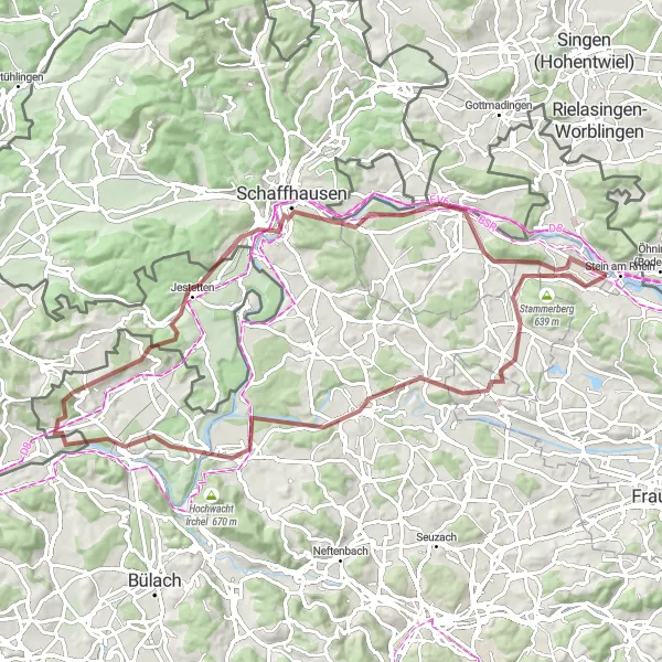 Karttaminiaatyyri "Rheinfall Circuit" pyöräilyinspiraatiosta alueella Ostschweiz, Switzerland. Luotu Tarmacs.app pyöräilyreittisuunnittelijalla