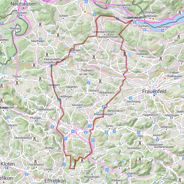 Kartminiatyr av "Kyburg og Brühlberg Gravel Loop" sykkelinspirasjon i Ostschweiz, Switzerland. Generert av Tarmacs.app sykkelrutoplanlegger