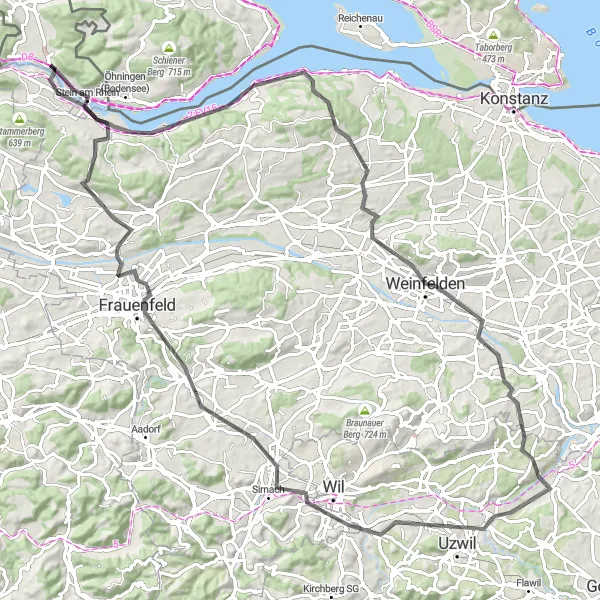 Miniatua del mapa de inspiración ciclista "Ruta de ciclismo de carretera alrededor de Wagenhausen" en Ostschweiz, Switzerland. Generado por Tarmacs.app planificador de rutas ciclistas