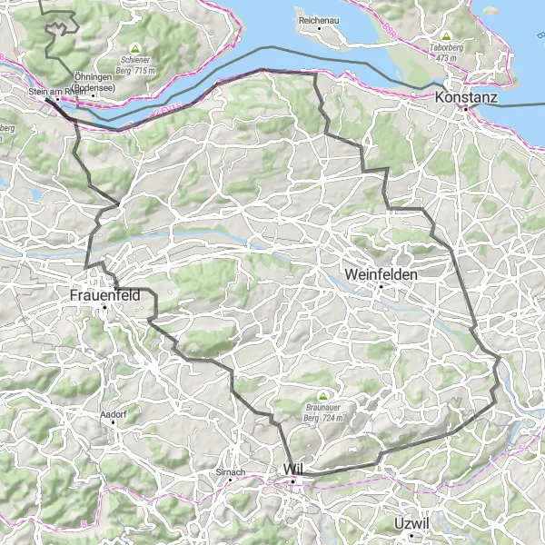Miniaturní mapa "Historic Road Cycling Route to Wil" inspirace pro cyklisty v oblasti Ostschweiz, Switzerland. Vytvořeno pomocí plánovače tras Tarmacs.app