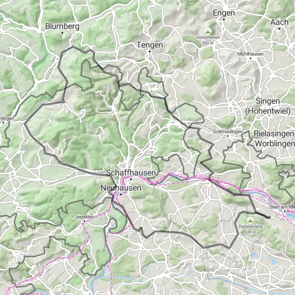 Miniatua del mapa de inspiración ciclista "Ruta en Carretera por Stammerberg y Thayngen" en Ostschweiz, Switzerland. Generado por Tarmacs.app planificador de rutas ciclistas