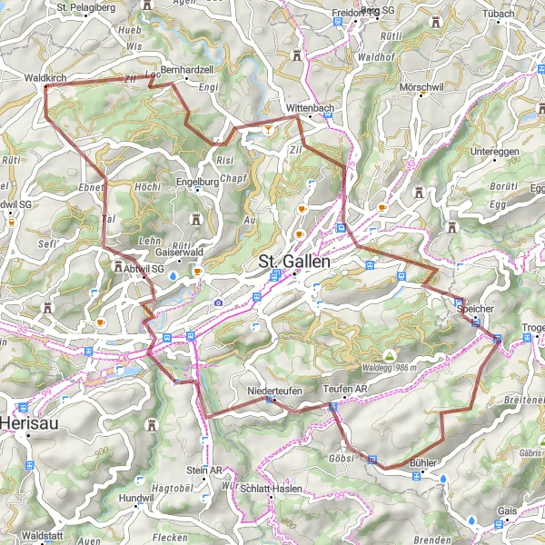 Map miniature of "Waldkirch Gravel Adventure" cycling inspiration in Ostschweiz, Switzerland. Generated by Tarmacs.app cycling route planner