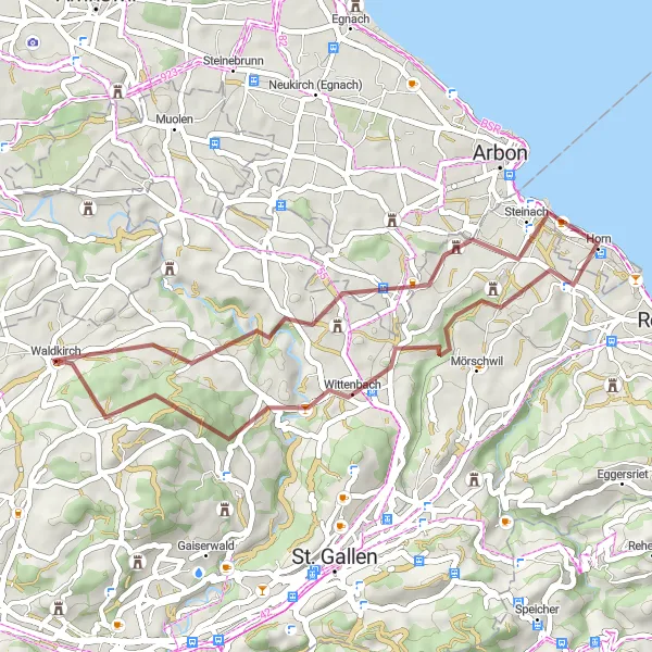 Miniatua del mapa de inspiración ciclista "Ruta de Grava a Bernhardzell" en Ostschweiz, Switzerland. Generado por Tarmacs.app planificador de rutas ciclistas