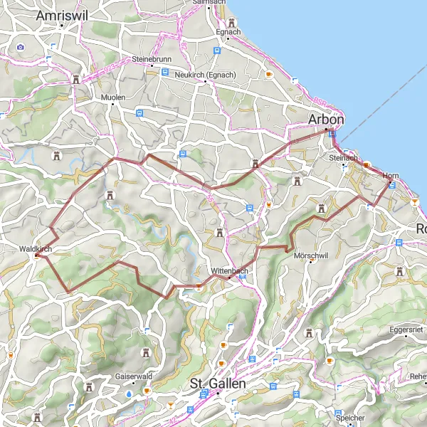 Miniatua del mapa de inspiración ciclista "Aventura en Grava por Häggenschwil" en Ostschweiz, Switzerland. Generado por Tarmacs.app planificador de rutas ciclistas