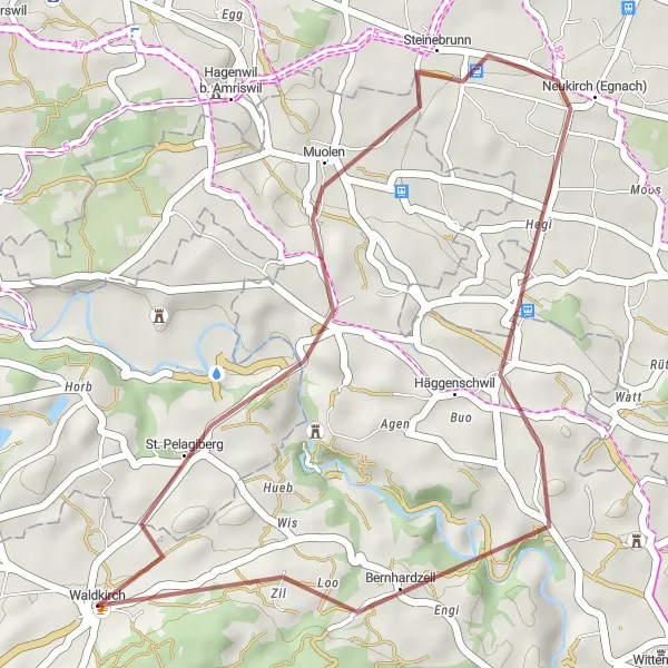 Zemljevid v pomanjšavi "Gravel raziskovanje Muolena" kolesarske inspiracije v Ostschweiz, Switzerland. Generirano z načrtovalcem kolesarskih poti Tarmacs.app