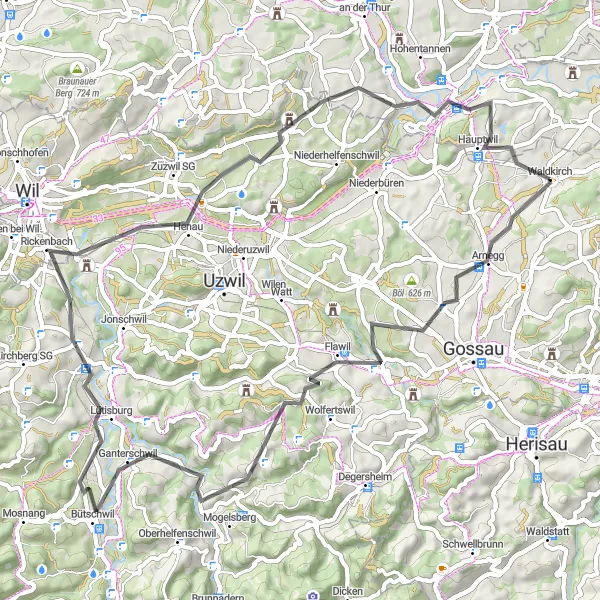 Map miniature of "Road Cycling Flawil Tour" cycling inspiration in Ostschweiz, Switzerland. Generated by Tarmacs.app cycling route planner