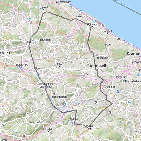 Map miniature of "Picturesque Route to Amriswil" cycling inspiration in Ostschweiz, Switzerland. Generated by Tarmacs.app cycling route planner