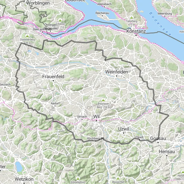 Karttaminiaatyyri "Haastava maantiepyöräreitti Gossausta Bergiin" pyöräilyinspiraatiosta alueella Ostschweiz, Switzerland. Luotu Tarmacs.app pyöräilyreittisuunnittelijalla