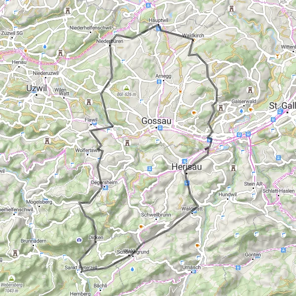 Mapa miniatúra "Trasa cez Egg, Schönengrund, Züblisnase a Niederbüren" cyklistická inšpirácia v Ostschweiz, Switzerland. Vygenerované cyklistickým plánovačom trás Tarmacs.app