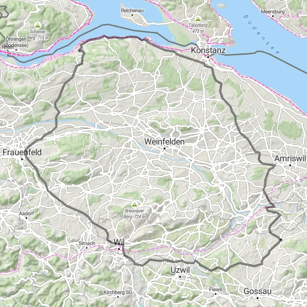 Zemljevid v pomanjšavi "Cesta skozi zgodovino in naravo vzhodne Švice" kolesarske inspiracije v Ostschweiz, Switzerland. Generirano z načrtovalcem kolesarskih poti Tarmacs.app