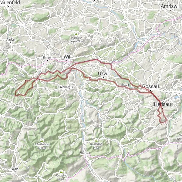 Karttaminiaatyyri "Seikkailu hiekkateillä ja metsäpoluilla" pyöräilyinspiraatiosta alueella Ostschweiz, Switzerland. Luotu Tarmacs.app pyöräilyreittisuunnittelijalla