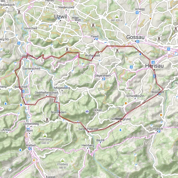 Map miniature of "The Schönengrund Loop" cycling inspiration in Ostschweiz, Switzerland. Generated by Tarmacs.app cycling route planner