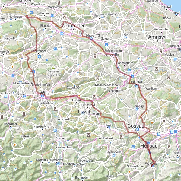 Zemljevid v pomanjšavi "Pustolovščina po makadamskih poteh" kolesarske inspiracije v Ostschweiz, Switzerland. Generirano z načrtovalcem kolesarskih poti Tarmacs.app