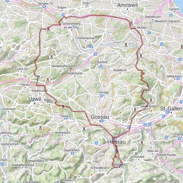 Miniature de la carte de l'inspiration cycliste "Circuit de gravier à travers Herisau et Amriswil" dans la Ostschweiz, Switzerland. Générée par le planificateur d'itinéraire cycliste Tarmacs.app