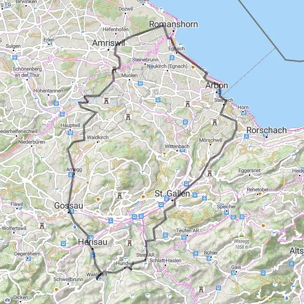 Miniature de la carte de l'inspiration cycliste "Le Circuit des villages pittoresques d'Ostschweiz" dans la Ostschweiz, Switzerland. Générée par le planificateur d'itinéraire cycliste Tarmacs.app