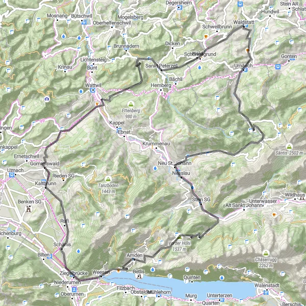 Miniatua del mapa de inspiración ciclista "Ruta en Carretera por los Alrededores de Waldstatt" en Ostschweiz, Switzerland. Generado por Tarmacs.app planificador de rutas ciclistas
