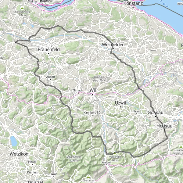 Miniaturekort af cykelinspirationen "Naturperler i Østschweiz" i Ostschweiz, Switzerland. Genereret af Tarmacs.app cykelruteplanlægger