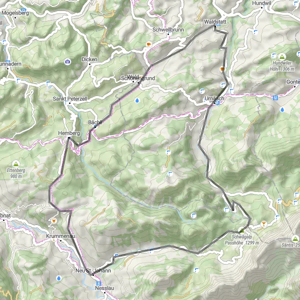 Kartminiatyr av "Kort och varierad cykeltur i området kring Waldstatt" cykelinspiration i Ostschweiz, Switzerland. Genererad av Tarmacs.app cykelruttplanerare