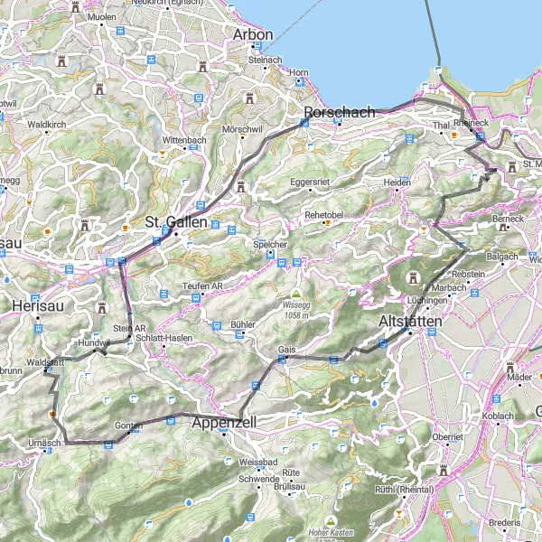 Kartminiatyr av "St. Gallen og Bodensee Tur" sykkelinspirasjon i Ostschweiz, Switzerland. Generert av Tarmacs.app sykkelrutoplanlegger